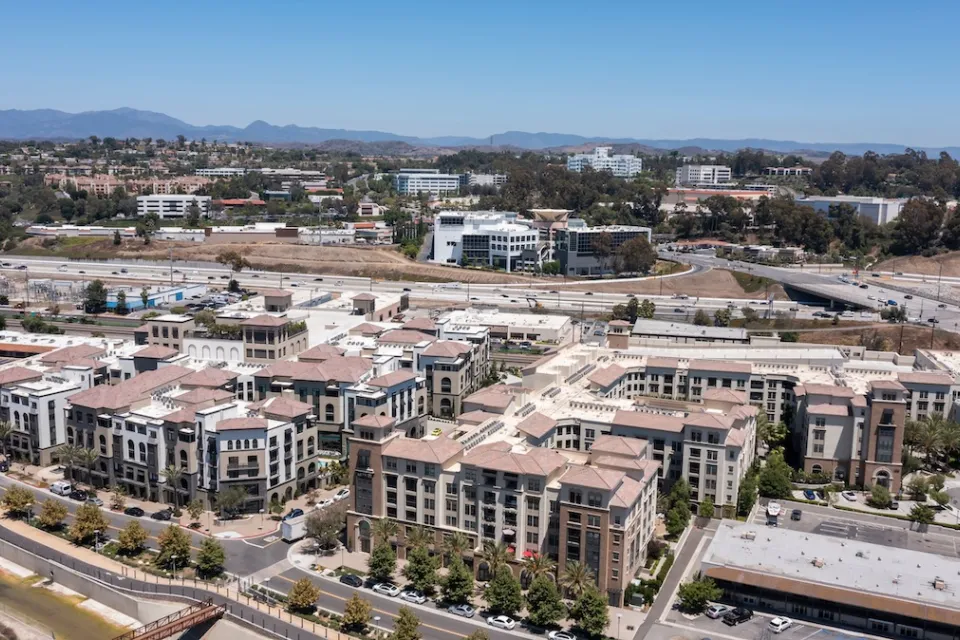 Apartment buildings surrounded by freeways in Laguna Niguel, California.